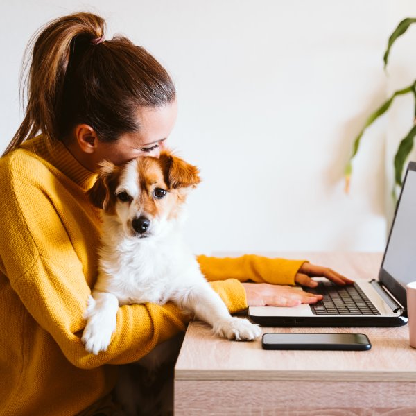 woman with dog on laptop computer