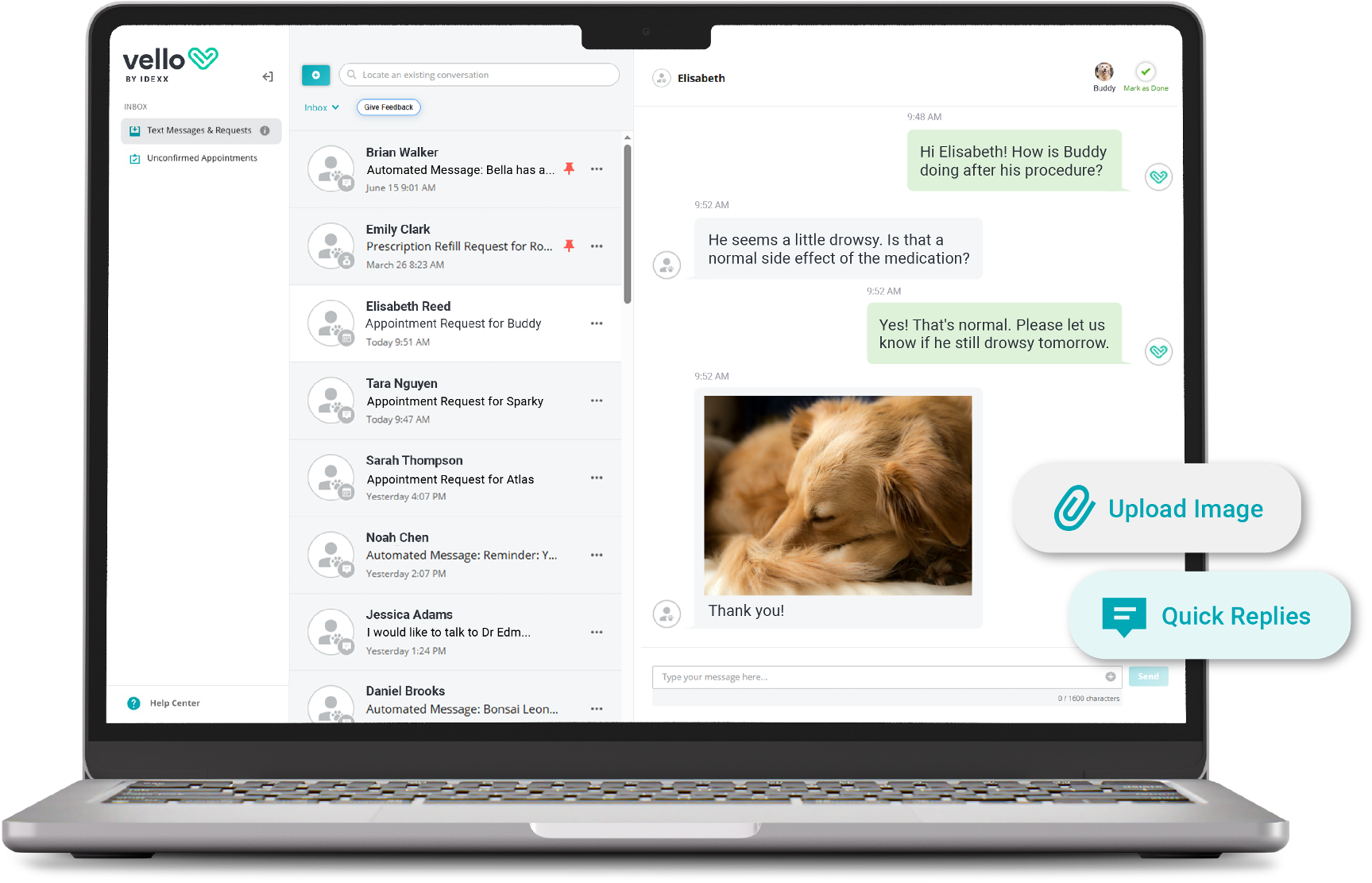Vello inbox two-way texting screenshot