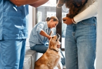 Woman with dog at vet office
